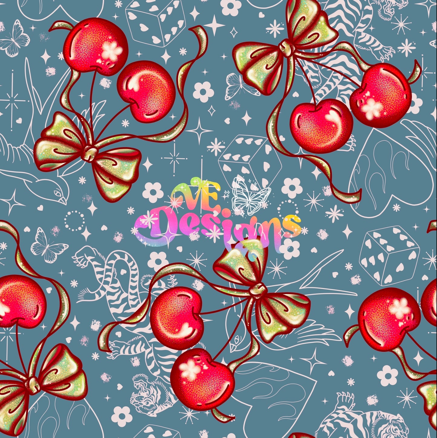 Glimmer Cherries Flash Tattoo -  Vintage Blue